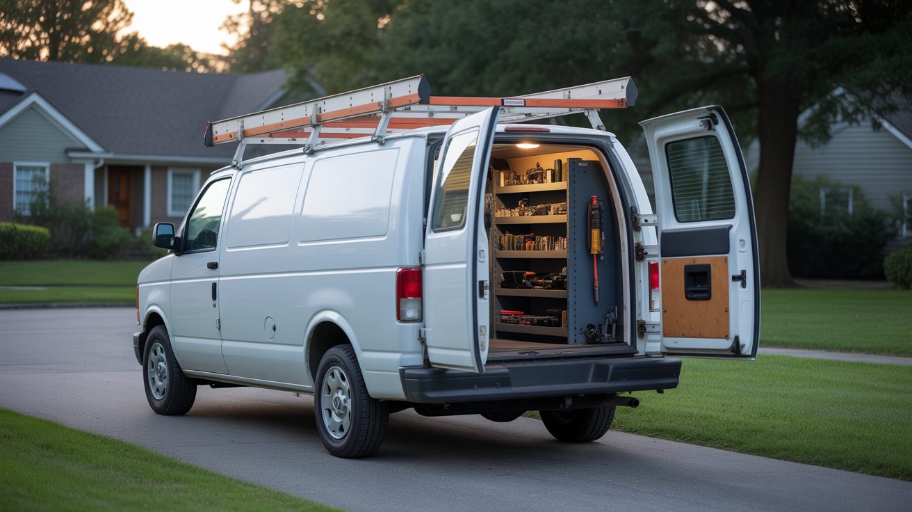 Unmarked service van staged near a property in Greensboro
